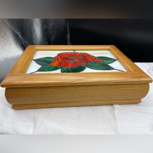 Vintage Wooden Box with Stained Glass Top